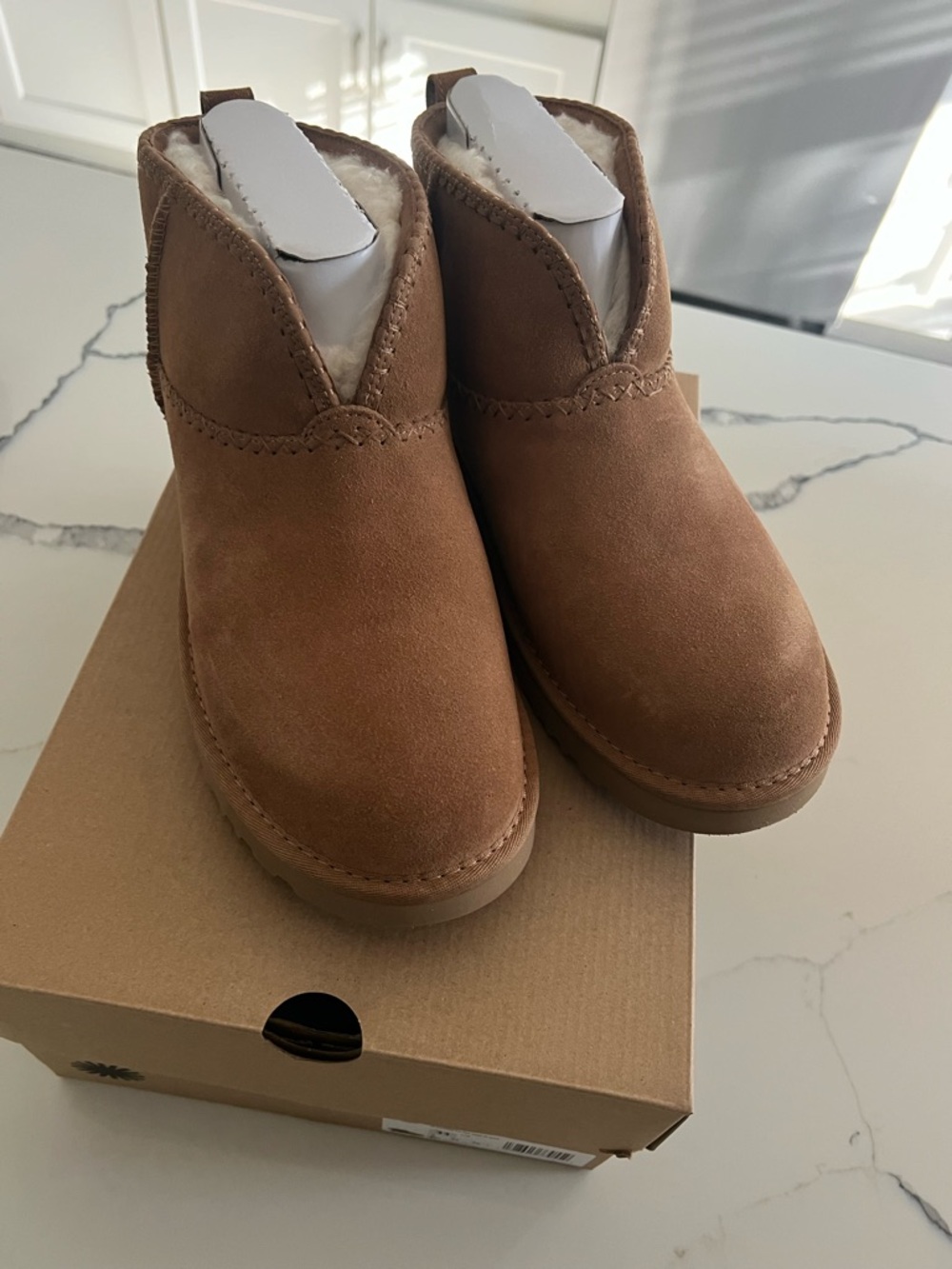 UGG Chestnut Suede Short Booties with Shearling Collar